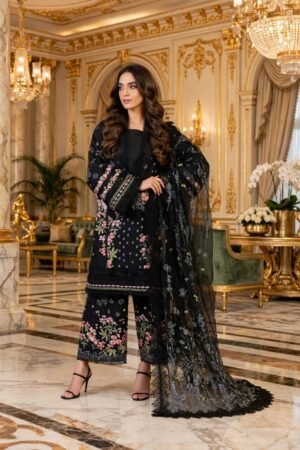 Alt Text: Black 3-piece embroidered lawn suit with matching dupatta.
