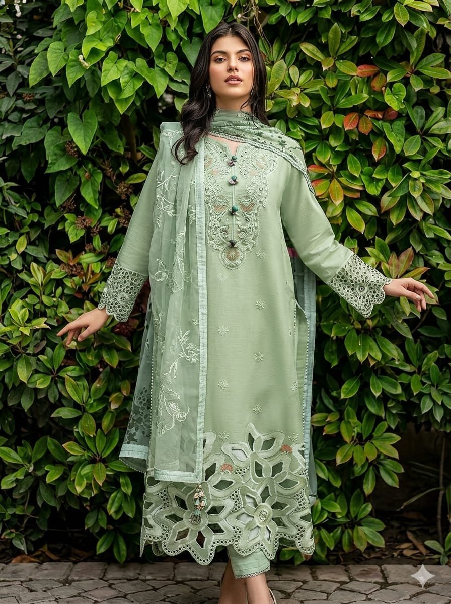 Mushq Pista Green Chikankari 3-Piece Lawn Suit with Khaddi Net Dupatta Mushq pista green 3-piece unstitched lawn suit featuring heavy chikankari embroidery, cutwork daman, organza neck patch, dyed cotton trousers, and a printed khaddi net dupatta