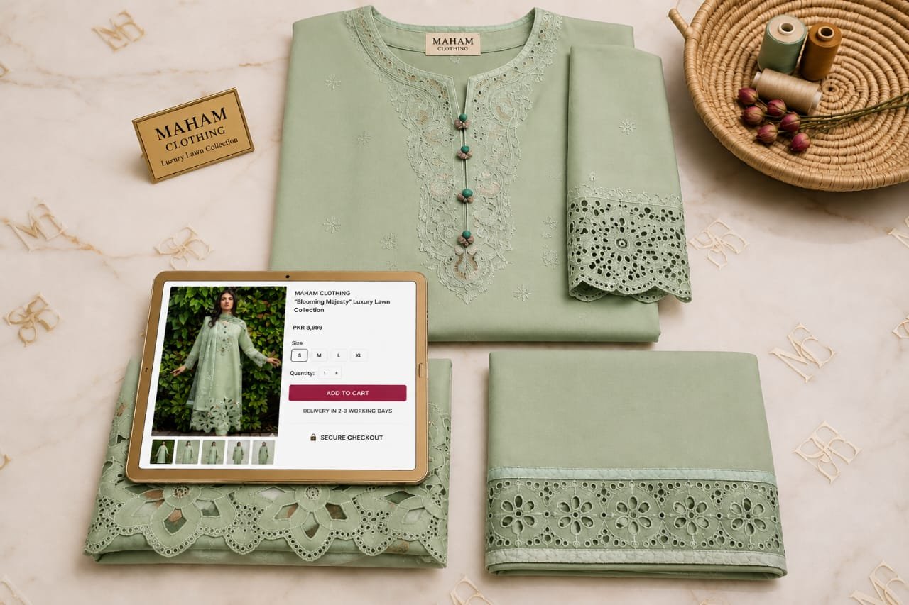 Mushq Pista Green Chikankari Suit Layout Mushq Pista Green 3-piece lawn suit layout showing folded shirt fabric with cutwork daman, trousers, printed dupatta, and model card