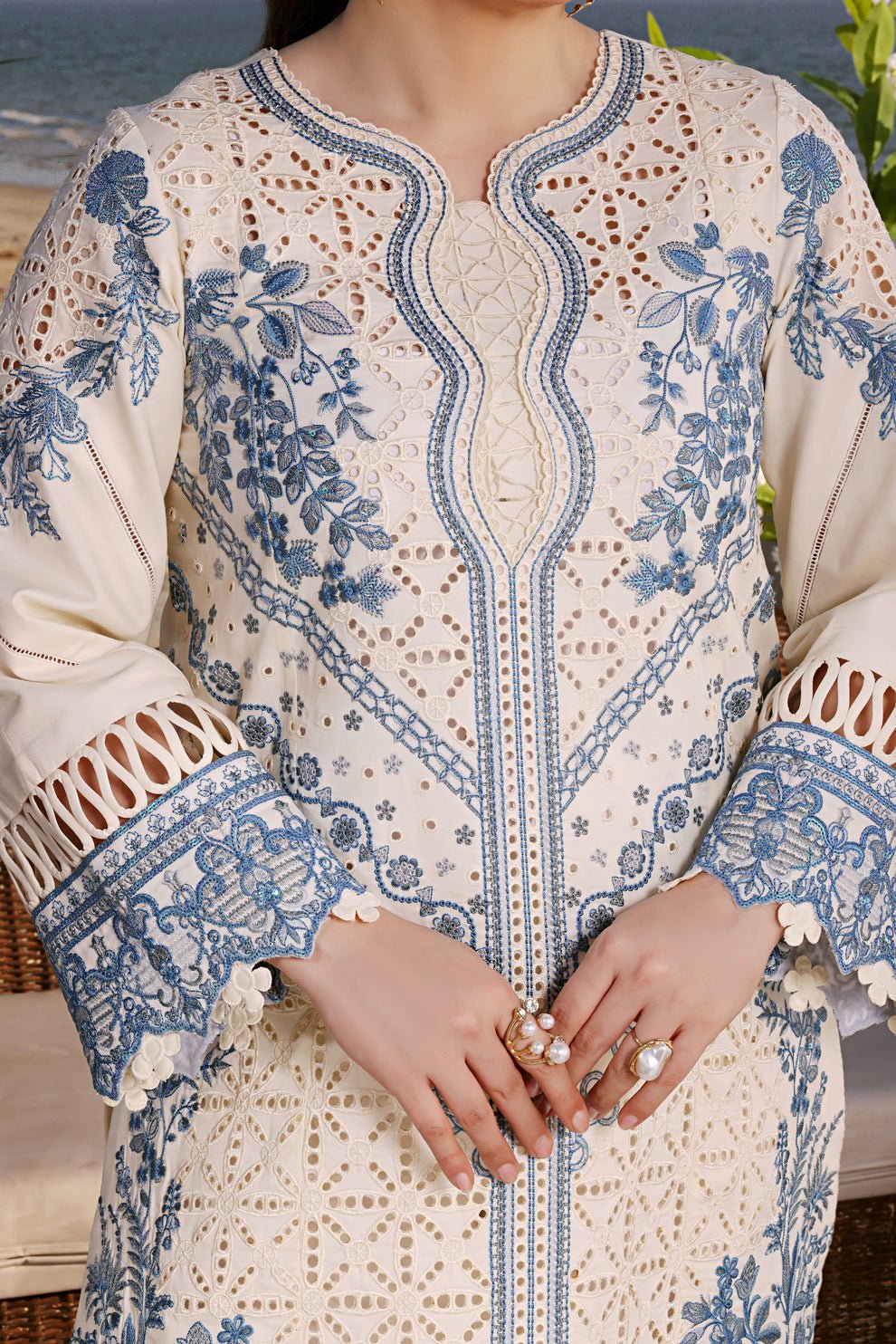 Momna Iqbal Inspired Luxury Chikankari Dress Momna Iqbal Inspired Luxury Chikankari Suit Front View by Maaham Clothing