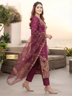 Purple Embroidered Party Wear Dress for Women