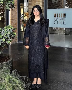 3-piece embroidered dress in dark color