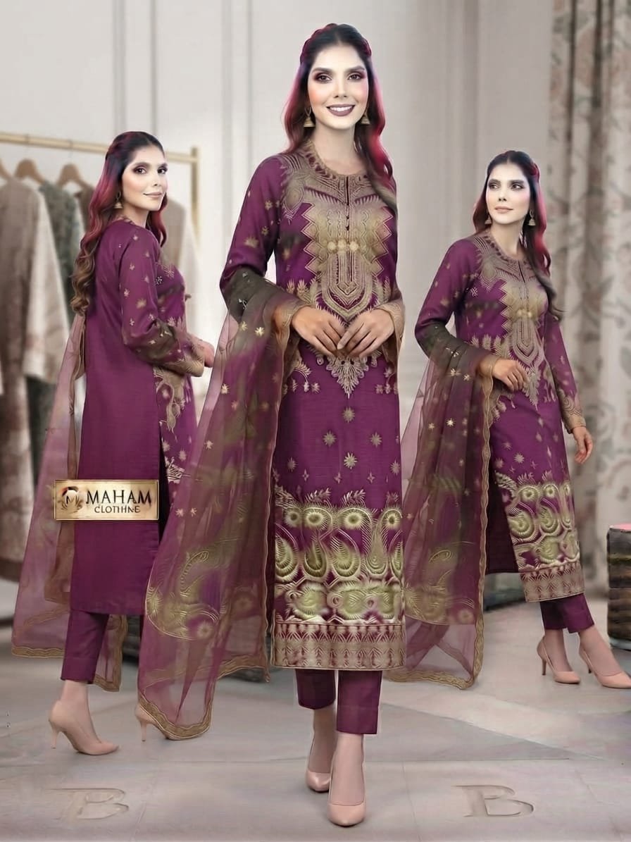 Purple Party Wear Suit Gallery View Purple Embroidered Party Wear Dress Front and Back View