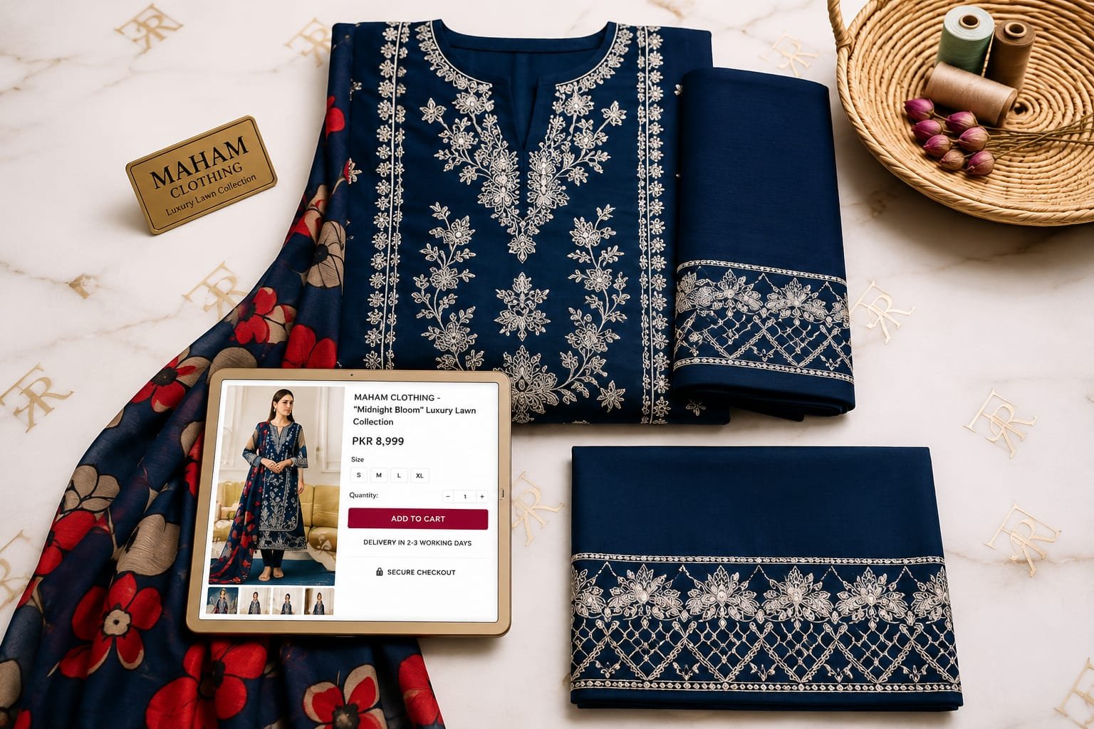 Close up view of embroidered neckline on blue lawn suit for women Title: Premium Quality Lawn Suit – Embroidered Neckline Detail