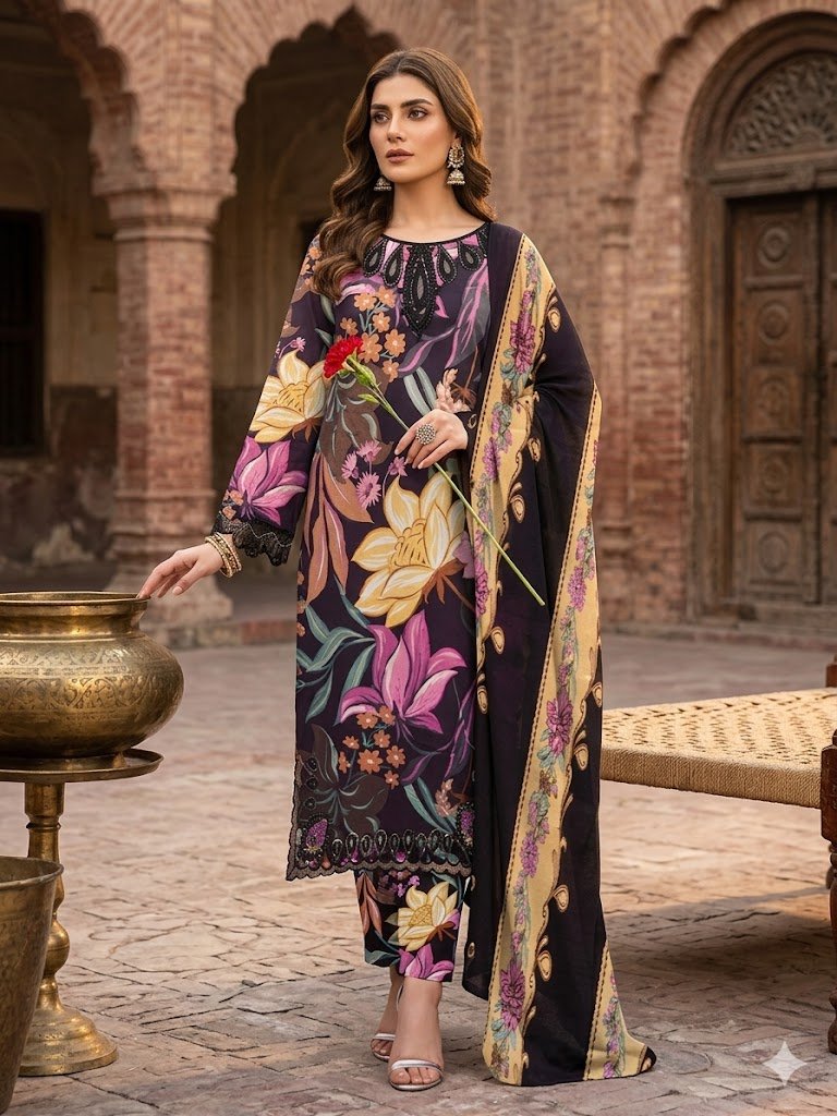 Royal Floral Premium 3PC Collection by Maham Clothing Center Woman wearing Royal Floral 3PC unstitched mid-color outfit with floral prints from Maham Clothing Center