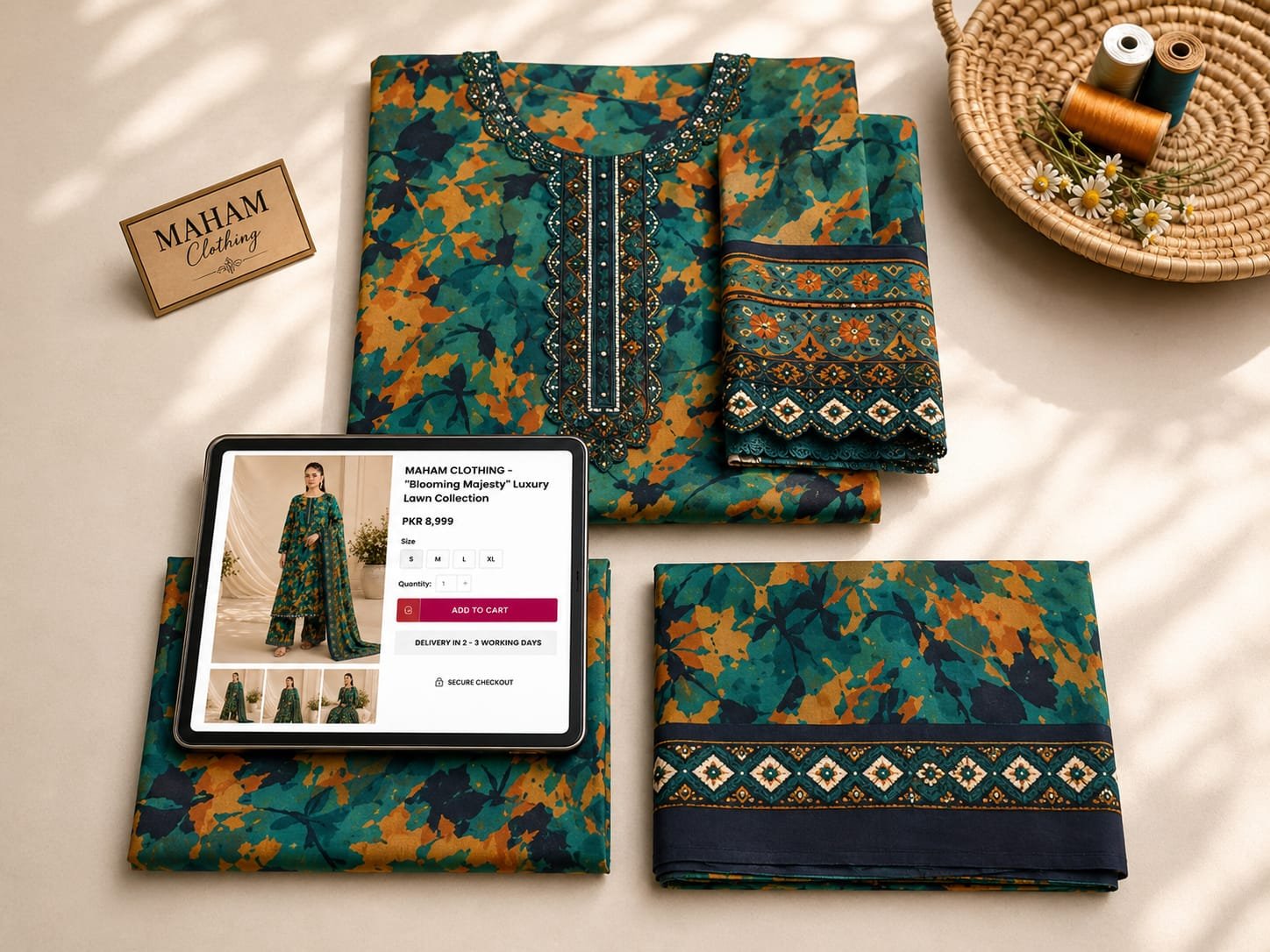Premium Lawn Suit Fabric Detail Flat lay view of Premium Lawn 3-Piece Suit fabric and patches