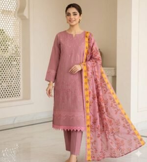Tea Pink Embroidered Lawn Suit with Organza Dupatta