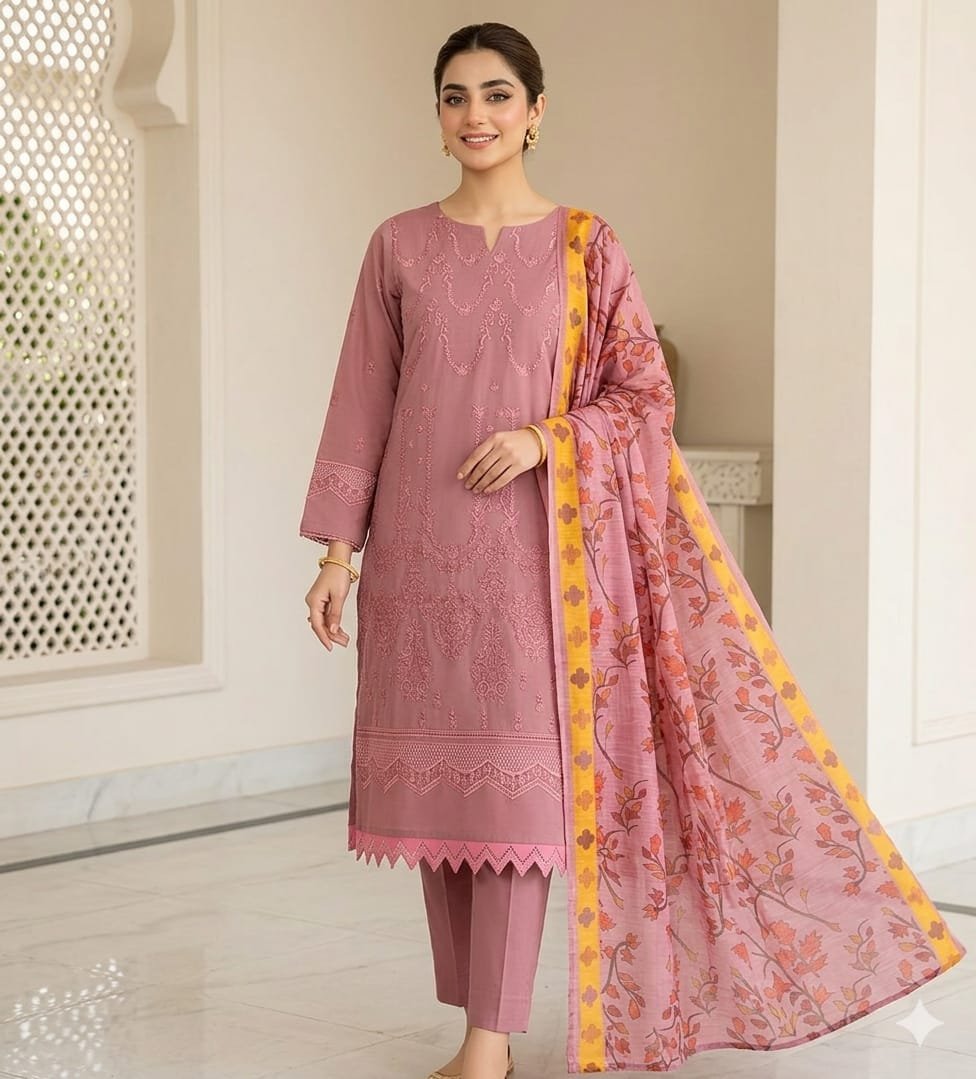 Maham Clothing Luxury Tea Pink Lawn Suit Tea Pink Embroidered Lawn Suit with Organza Dupatta