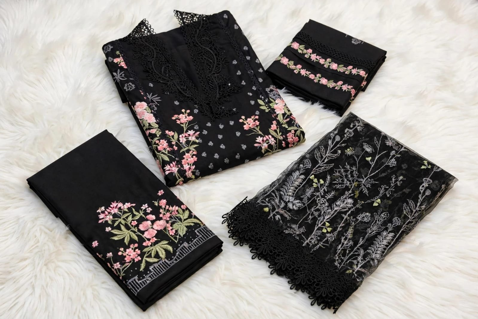 Black Lawn Suit Product Gallery View Alternate angle of model wearing black 3-piece embroidered lawn suit
