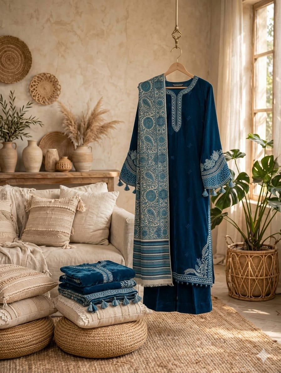 IZEL-Winter-Luxe-Ashura-Velvet-Suit IZEL Winter Luxe Ashura Navy Blue Embroidered Velvet Suit Model Wearing