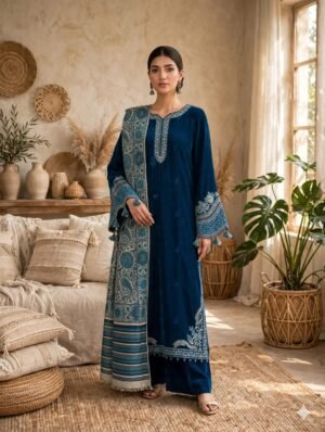 IZEL Winter Luxe Ashura Navy Blue Embroidered Velvet Suit Model Wearing