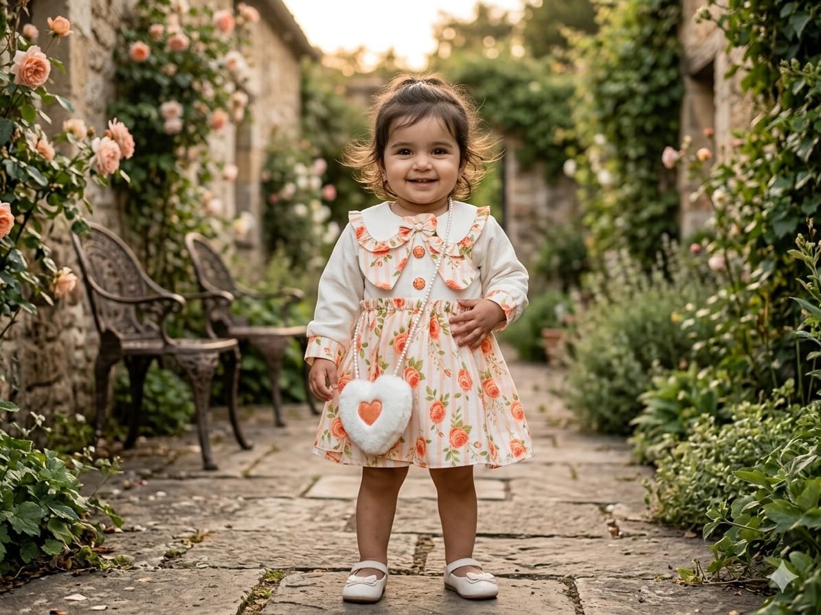 Baby Floral Frock Set with Matching Pouch Baby floral frock set front view displaying the vibrant print