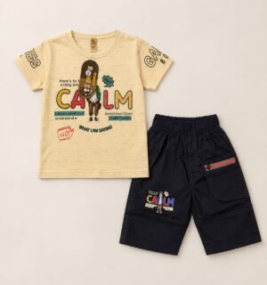 Maham Clothing baby boy printed 2 piece set, light yellow t-shirt and black short