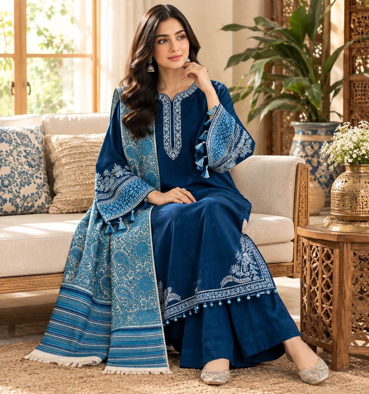 Royal Blue Embroidered Lawn 3PC with Kashmiri Shawl Royal Blue Embroidered Lawn 3PC with Kashmiri Shawl