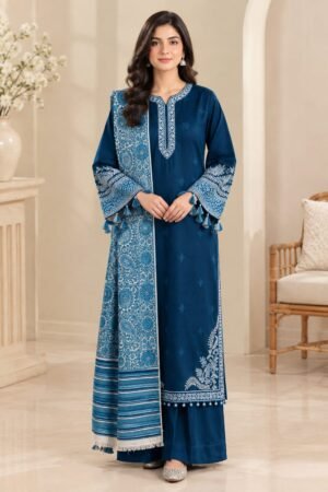 Royal Blue Embroidered Lawn 3PC with Kashmiri Shawl