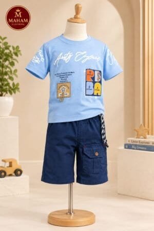 Baby Boy Amity Explorer 2 Piece Suit - Sky Blue T-Shirt with Navy Cargo Trouser