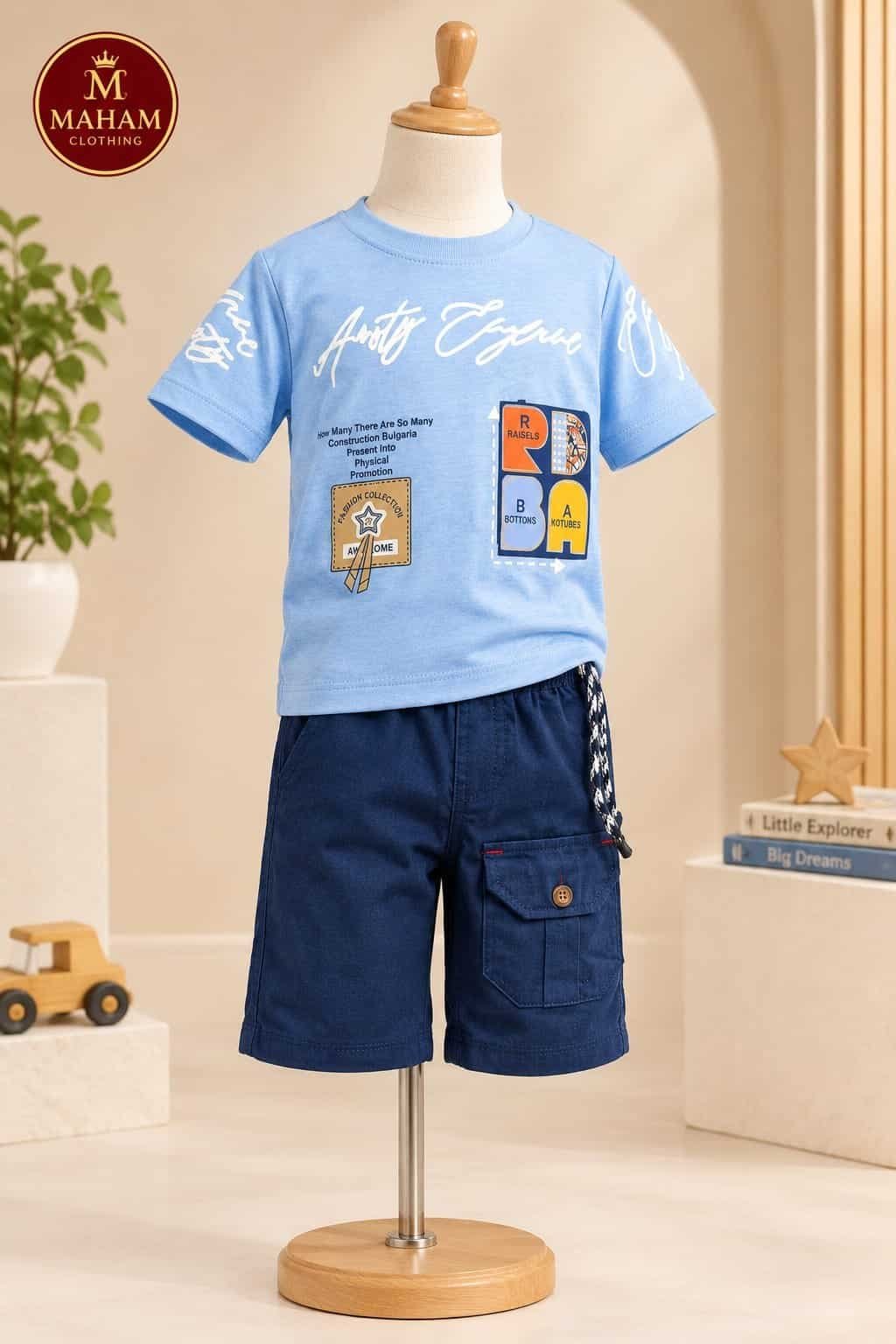 Baby Boy Amity Explorer 2PC Suit Baby Boy Amity Explorer 2 Piece Suit - Sky Blue T-Shirt with Navy Cargo Trouser