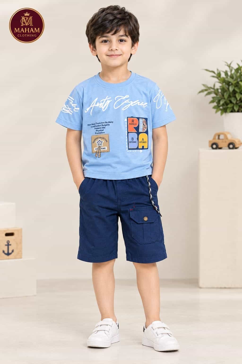 Baby Boy Amity Explorer 2PC Suit Baby Boy Amity Explorer 2 Piece Suit - Sky Blue T-Shirt with Navy Cargo Trouser