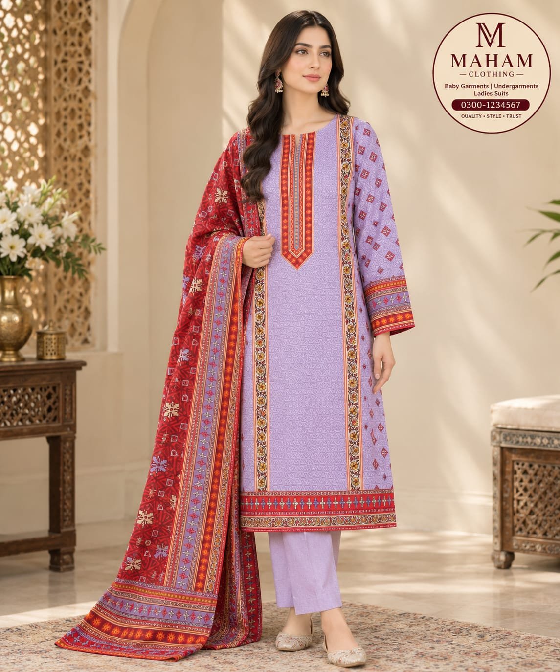 Lavender & Red All Over Printed Lawn 3PC Suit - View 2 Lavender and red printed lawn 3PC suit with printed border and red dupatta – another view – Maham Clothing