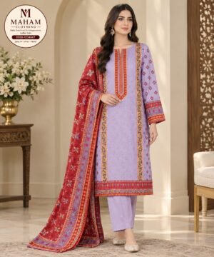 Lavender and red all over printed lawn 3PC suit with contrast dupatta – Maham Clothing