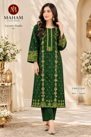Bottle green embroidered 2 piece suit with gold and lime thread work – Maham Clothing