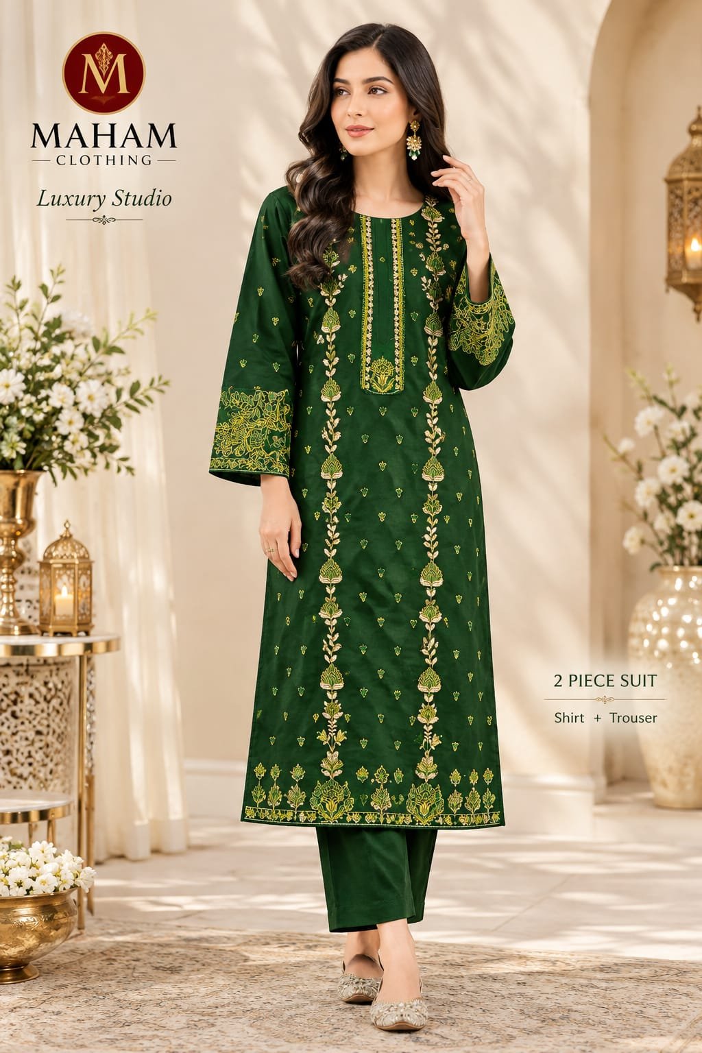 Bottle Green Embroidered 2 Piece Suit Bottle green embroidered 2 piece suit with gold and lime thread work – Maham Clothing