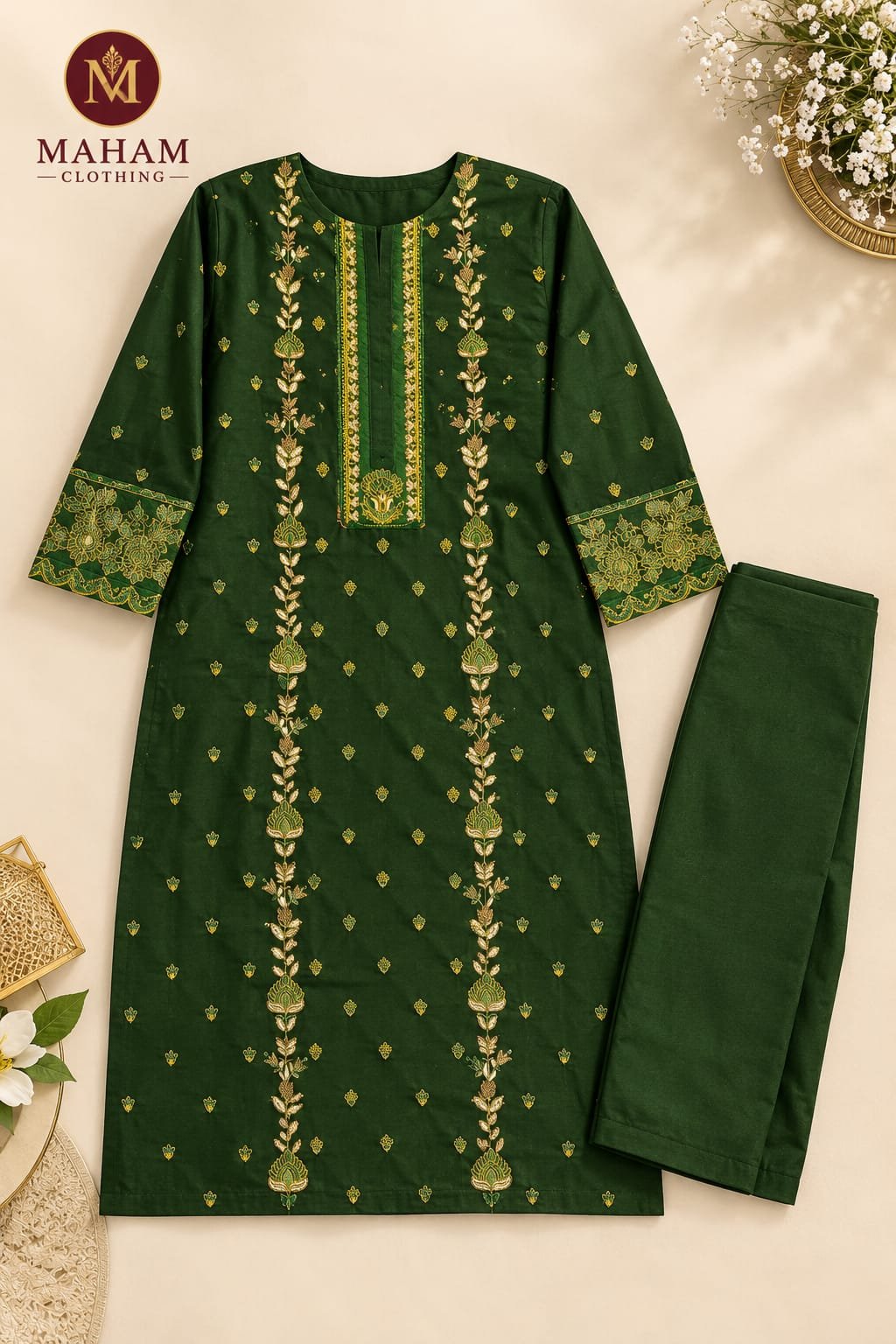 Bottle Green Embroidered 2 Piece Suit - View 2 Bottle green embroidered 2 piece suit with gold and lime thread work – another view – Maham Clothing