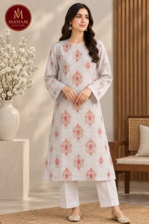Light grey embroidered 2 piece suit with chikan kari lace and off-white trouser by Maham Clothing