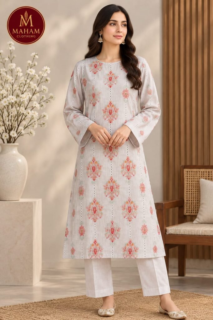 Light grey embroidered 2 piece suit with chikan kari lace and off-white trouser by Maham Clothing