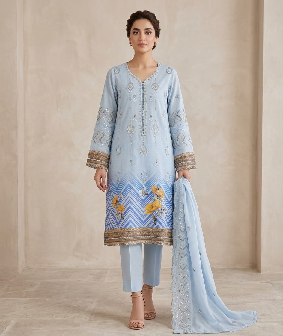 Ice Blue Sequins Embroidered 3 Piece Suit Detail Ice blue sequins embroidered 3 piece suit fabric close-up showing silver sequins and thread embroidery