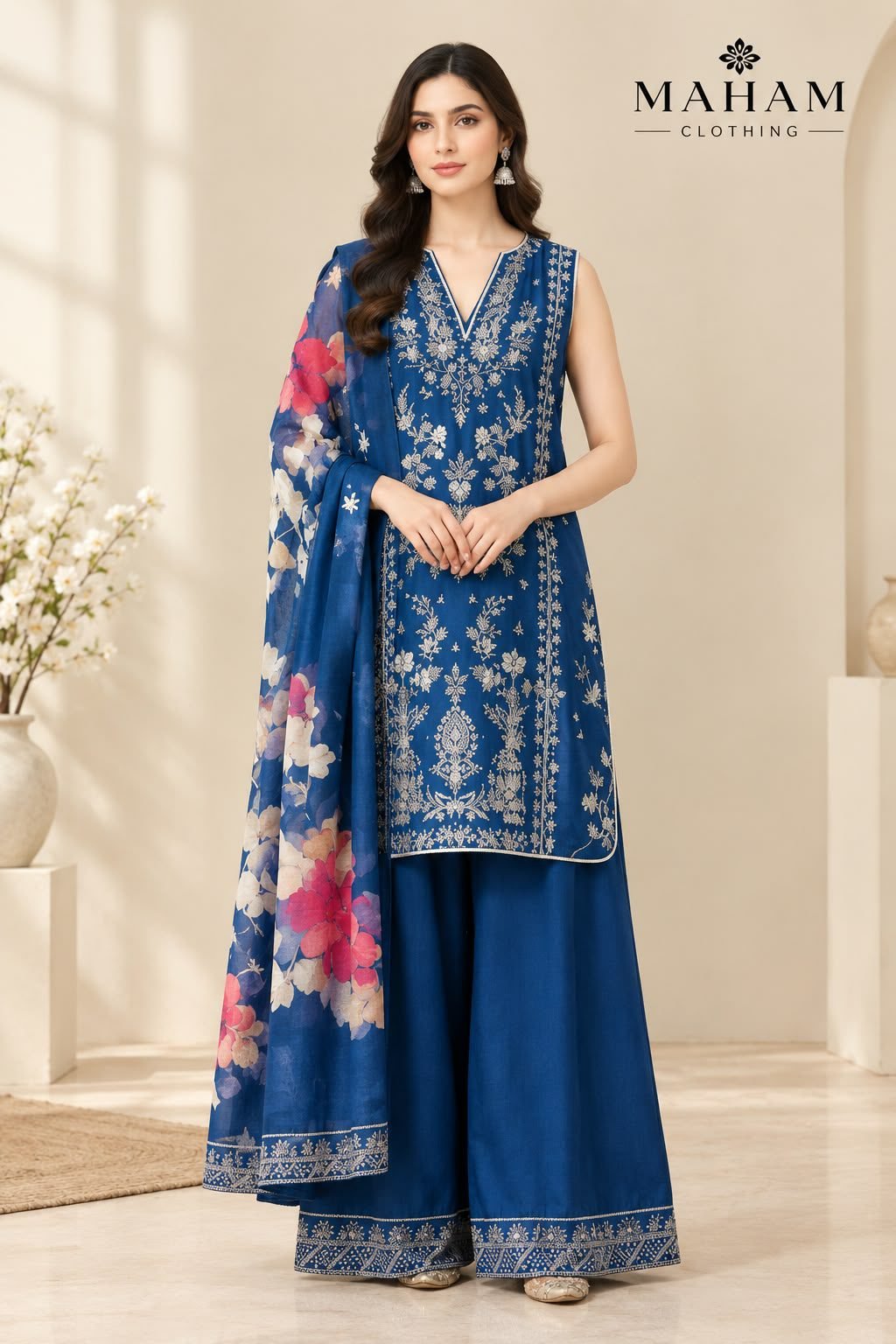 Royal Blue Sharara 3 Piece Suit Royal blue sharara 3 piece suit with embroidered sleeveless shirt and floral printed dupatta by Maham Clothing