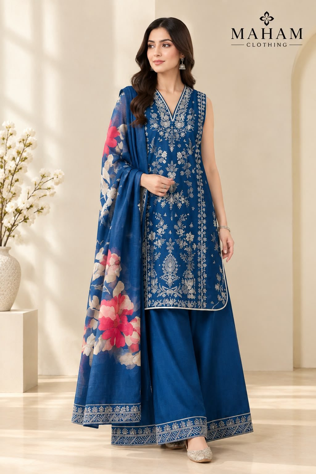Royal Blue Sharara 3 Piece Suit Detail Royal blue sharara 3 piece suit close-up showing white and silver embroidery and floral printed dupatta