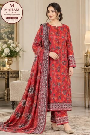 Red floral printed 3 piece suit worn by model, Maham Clothing