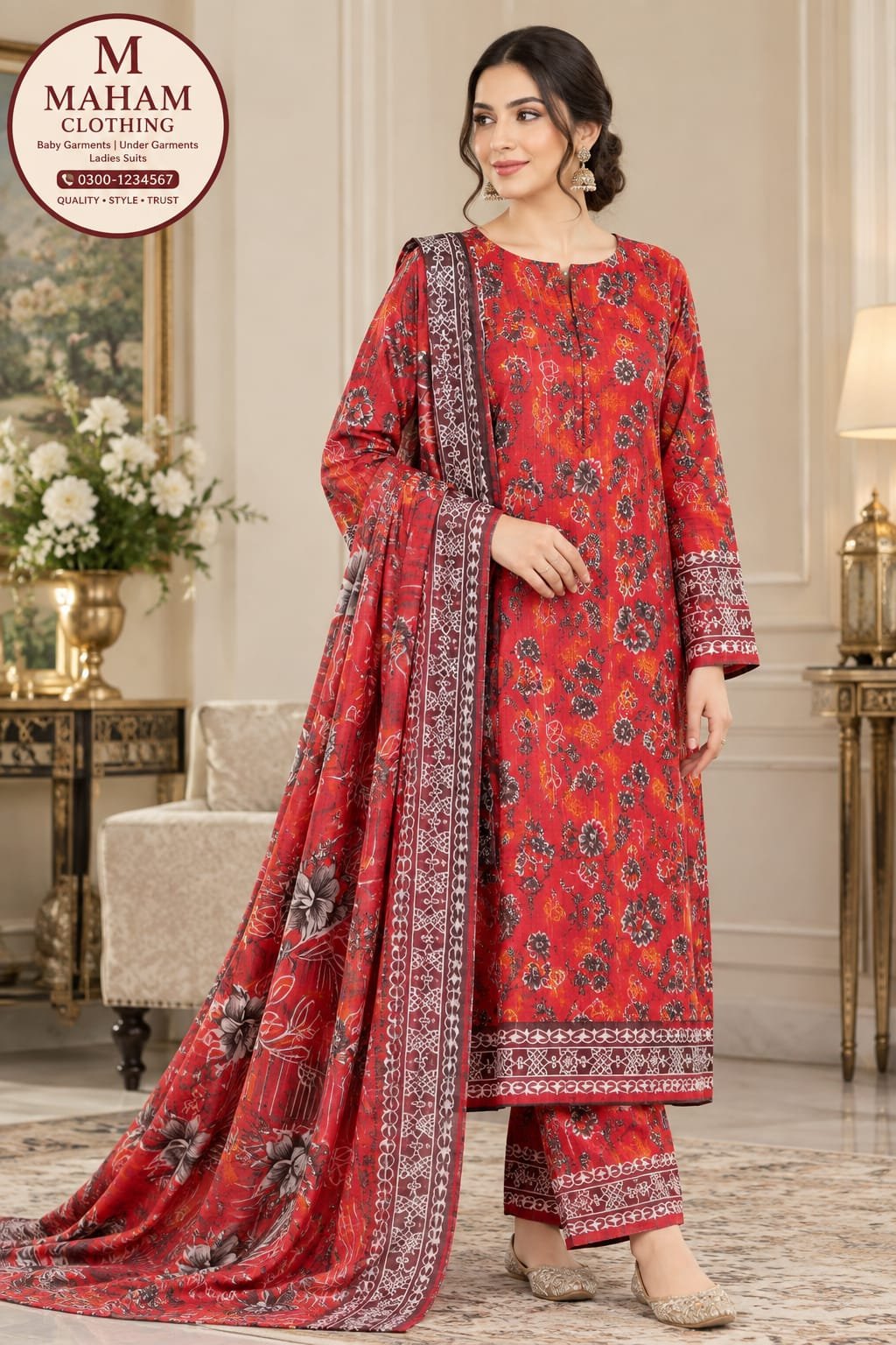 Red Floral Printed 3 Piece Suit Red floral printed 3 piece suit worn by model, Maham Clothing