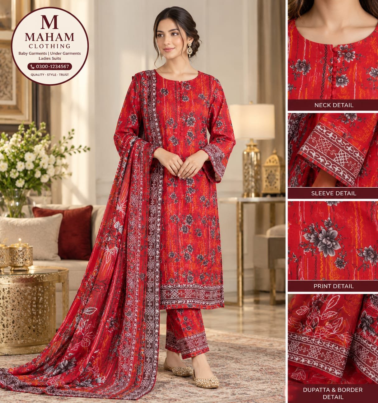 Red Floral Printed 3 Piece Suit Model Card Red floral printed 3 piece suit model card with back view, seated view and print details, Maham Clothing