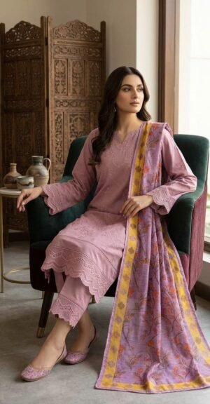 Tea pink chikankari 3 piece suit with printed voile dupatta by Maham Clothing