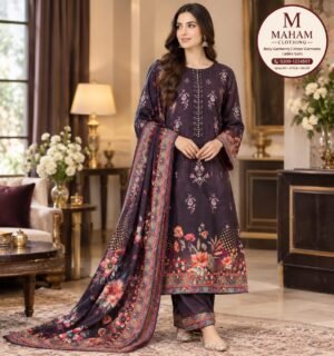 Dark plum floral printed 3 piece suit worn by model, Maham Clothing