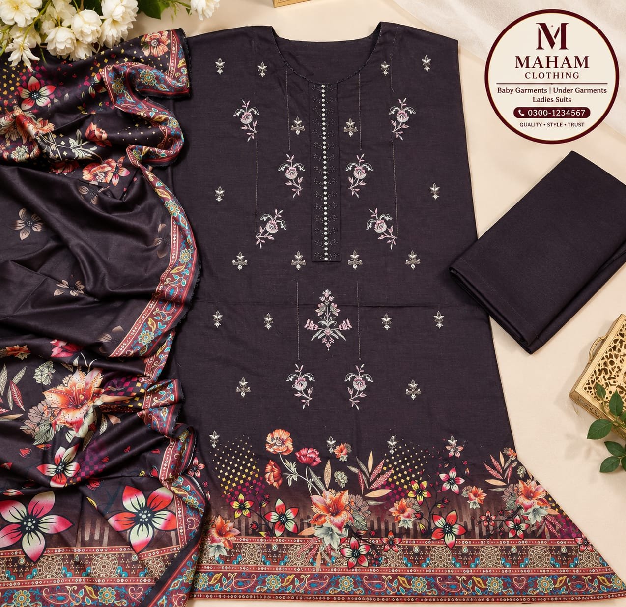 Dark Plum Floral Printed 3 Piece Suit Flat Lay Dark plum floral printed 3 piece suit flat lay with embroidered shirt and trouser, Maham Clothing