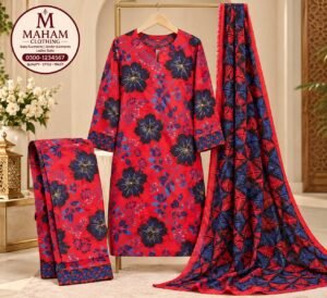 Red and navy floral printed 3 piece suit with printed dupatta – Maham Clothing