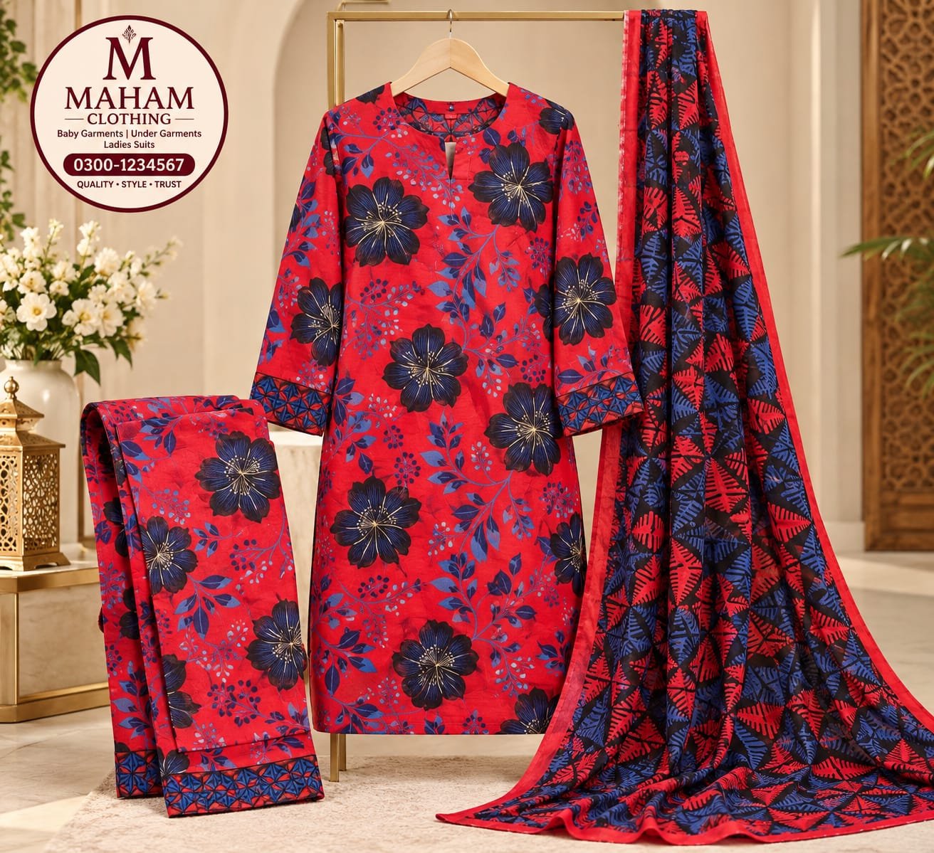 Red Navy Floral Printed 3 Piece Suit Red and navy floral printed 3 piece suit with printed dupatta – Maham Clothing