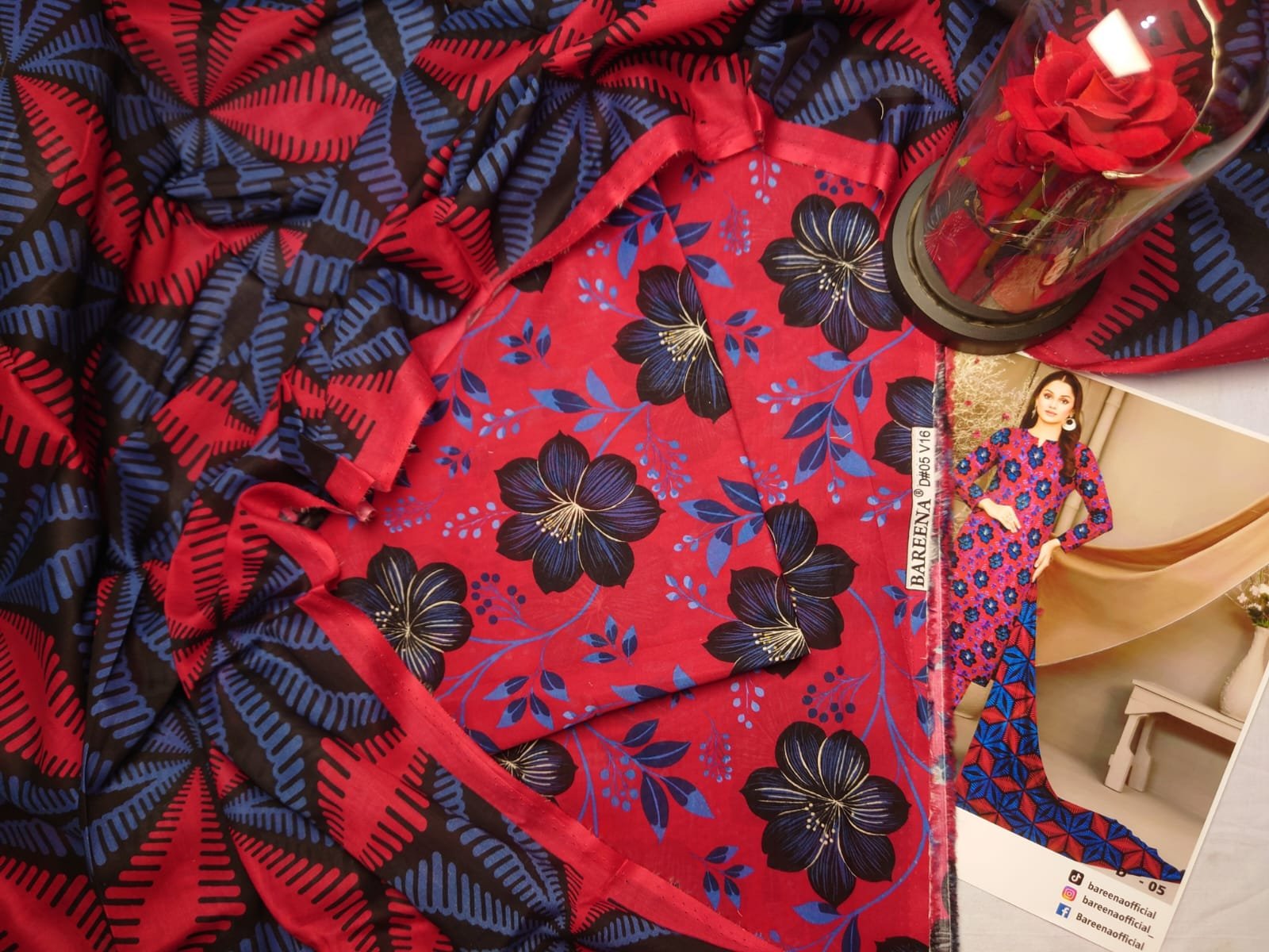 Red Navy Floral Printed 3 Piece Suit Views Red and navy floral printed 3 piece suit front, back and seated views – Maham Clothing