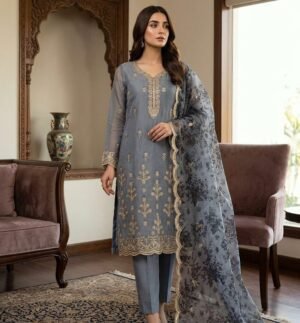 Steel grey embroidered 3 piece suit with organza dupatta – Maham Clothing