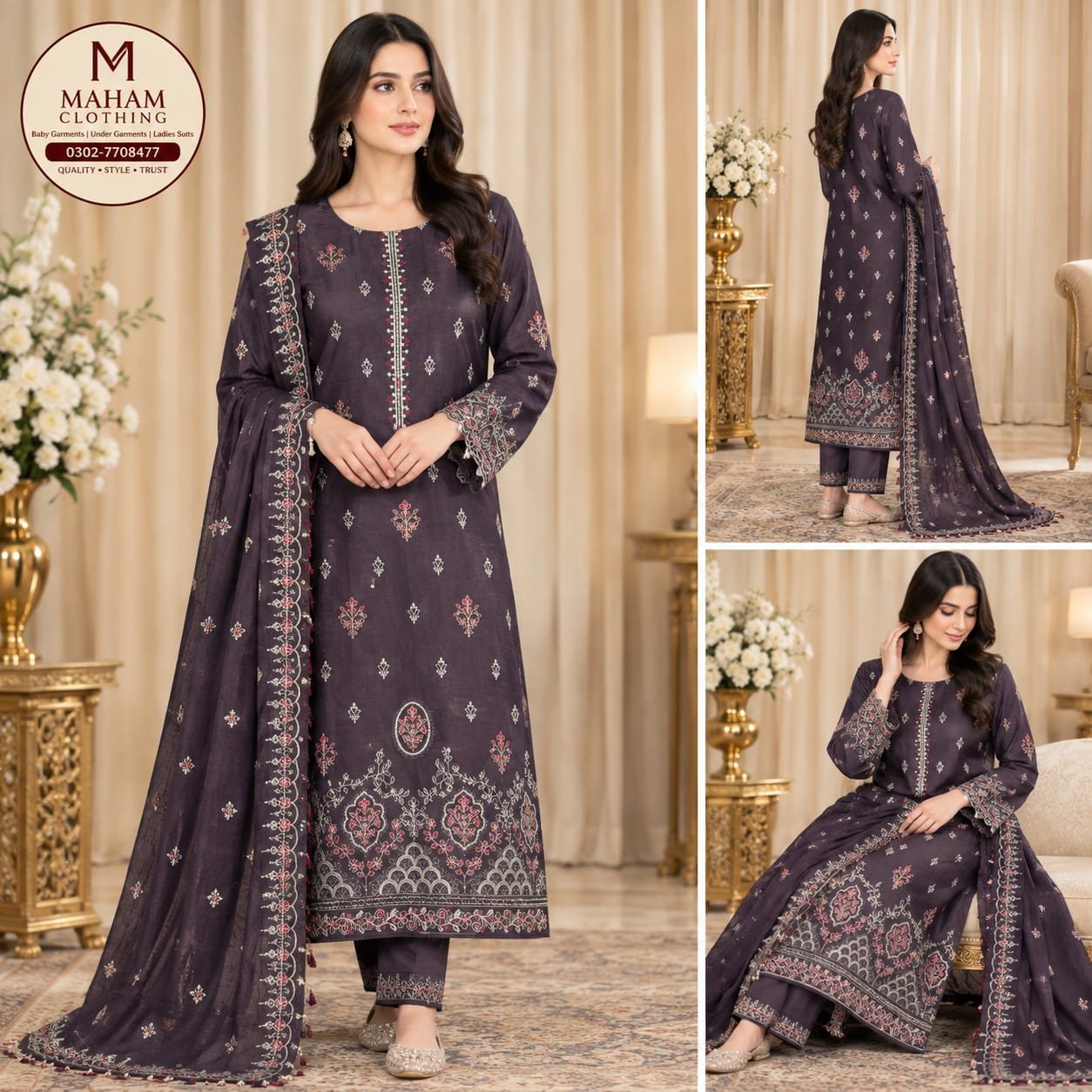 Dark Plum Embroidered 3 Piece Suit Details Dark plum embroidered 3 piece suit detail views with bamber chiffon dupatta – Maham Clothing