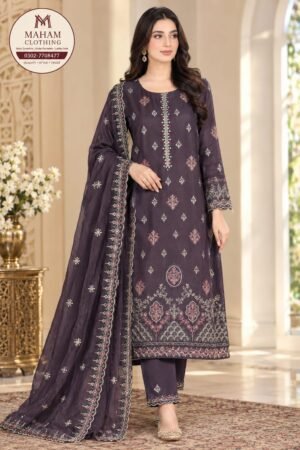 Dark plum embroidered 3 piece suit with bamber chiffon dupatta – Maham Clothing
