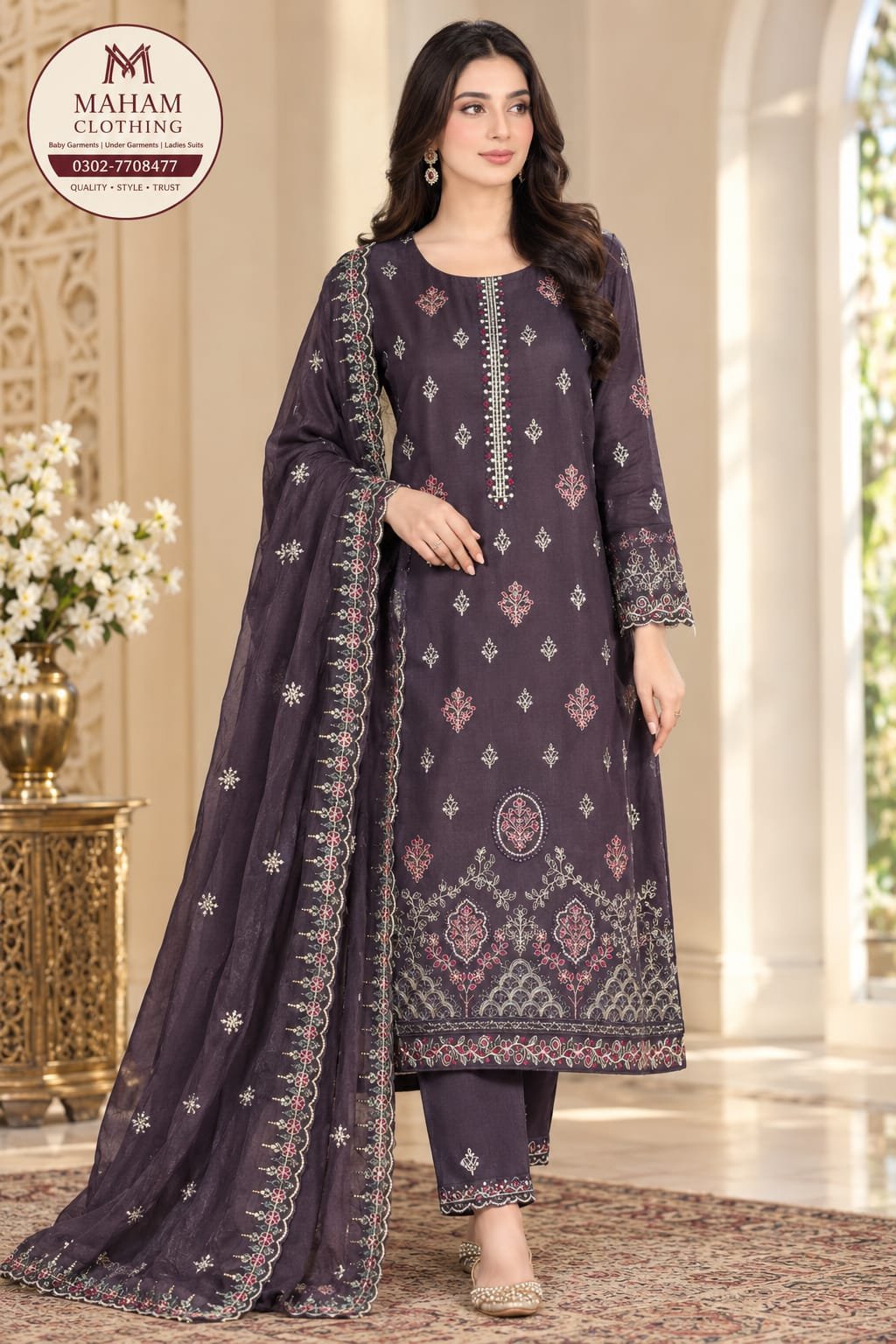 Dark Plum Embroidered 3 Piece Suit Dark plum embroidered 3 piece suit with bamber chiffon dupatta – Maham Clothing
