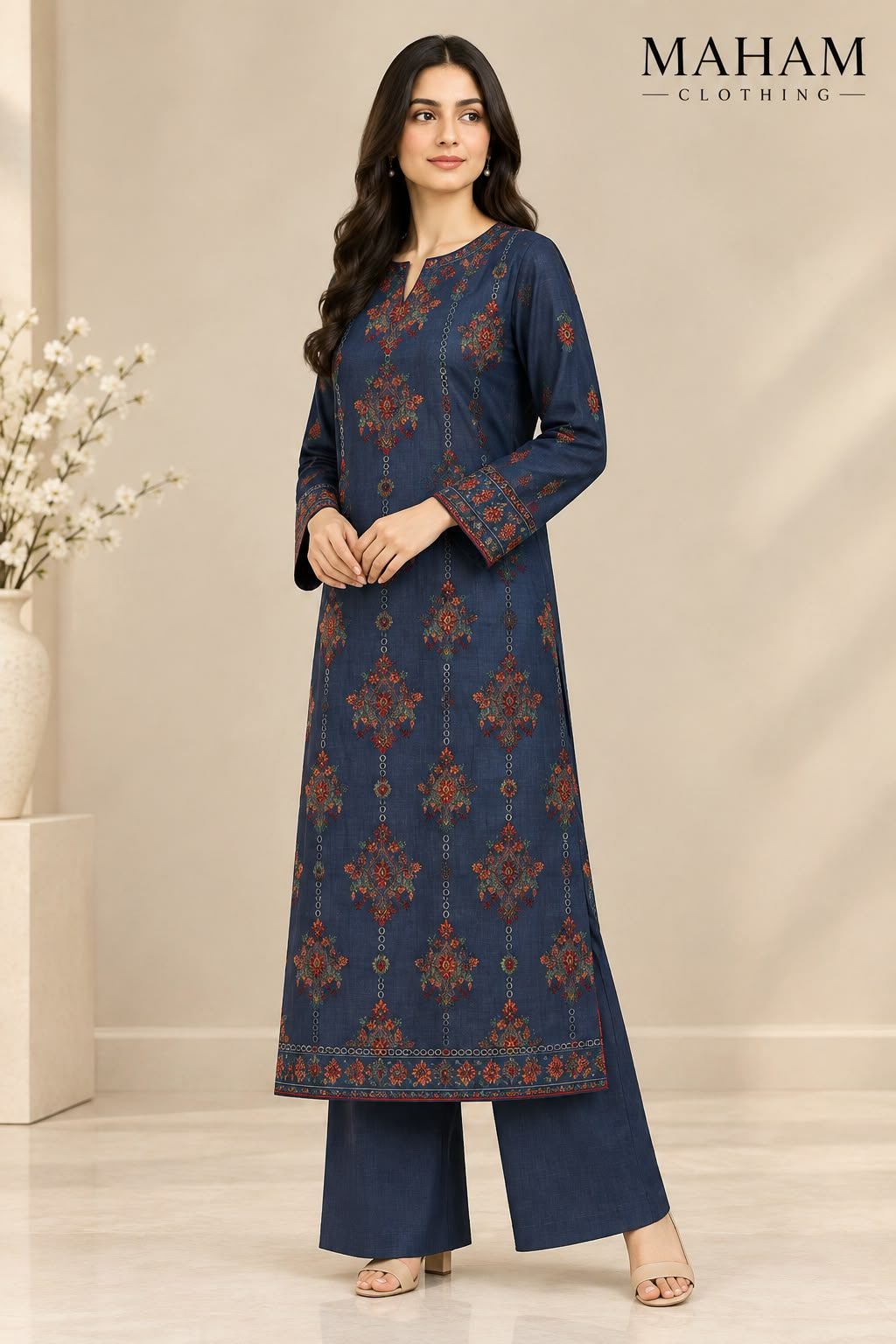 Navy Blue Lawn 2 Piece Suit Navy blue lawn 2 piece suit with rust floral print – Maham Clothing