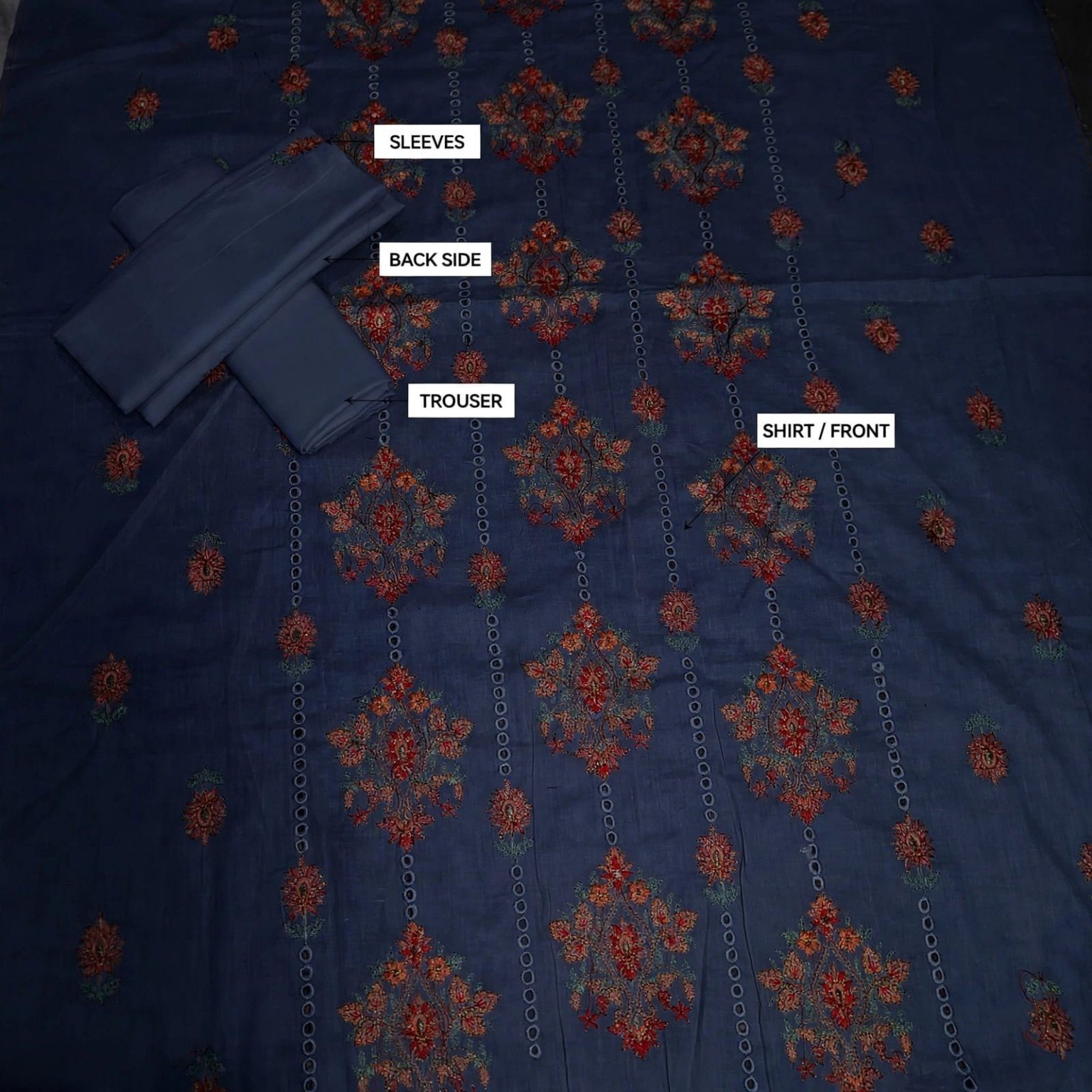 Navy Blue Lawn 2 Piece Suit Flat Lay Navy blue lawn 2 piece suit flat lay showing shirt front, back, sleeves and trouser – Maham Clothing