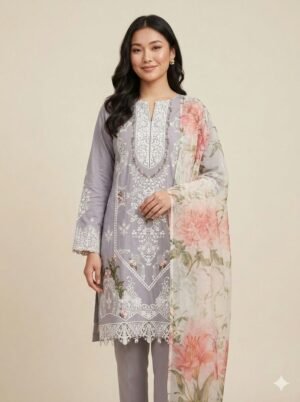 Light grey chikankari 3 piece suit with embroidered lawn shirt and organza dupatta – Maham Clothing